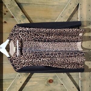MERINO LUXURY ANIMAL PRINT OPEN CARDIGAN BROWN RIBBED SLEEVES